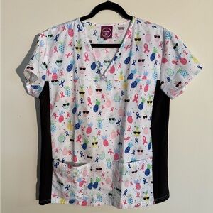 Divine Scrubs Pineapple & Ribbon Print Scrub Top – Size Large